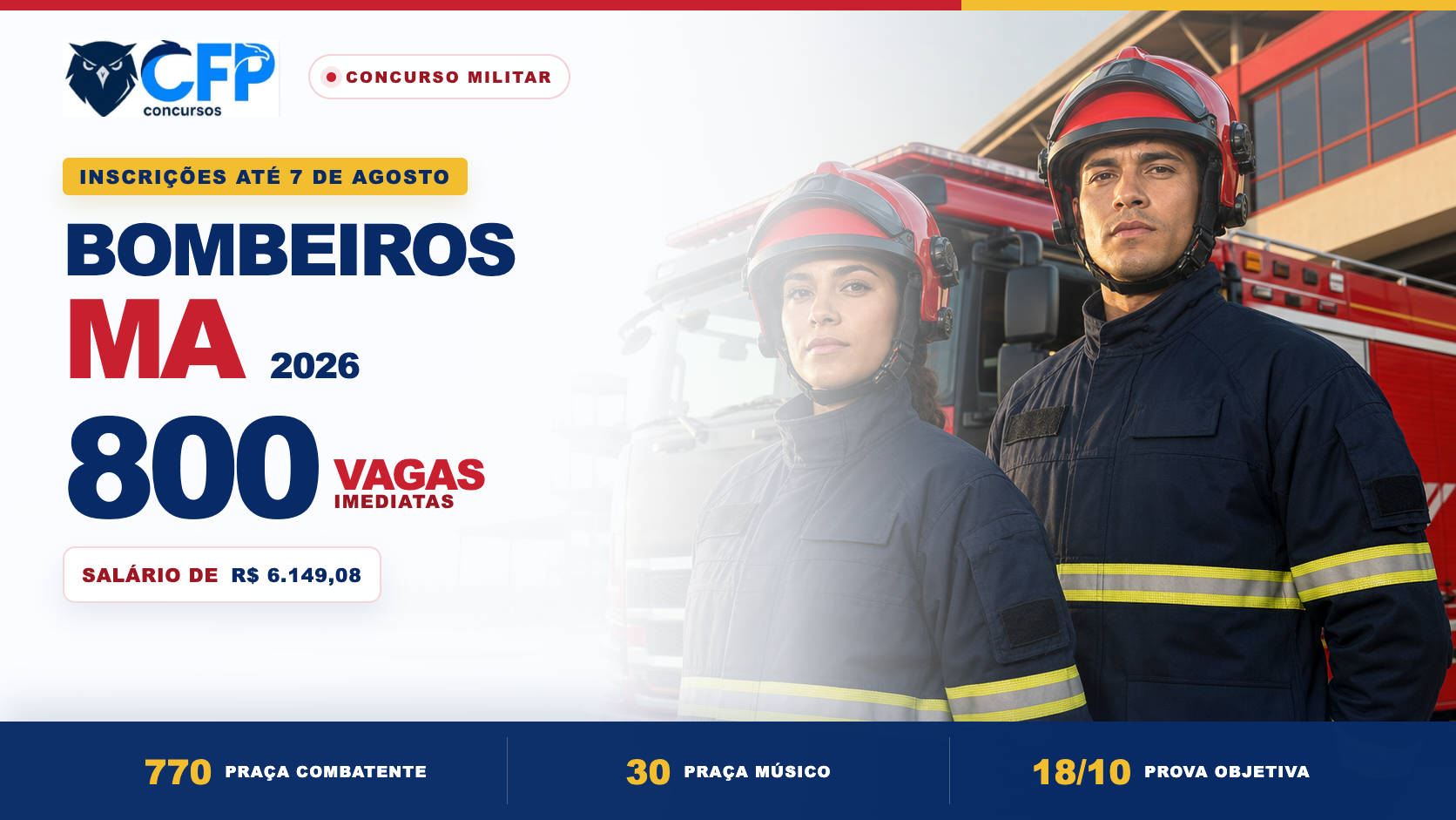 Concurso Bombeiros MA 2026: inscrições até 7 de agosto para 800 vagas; salário de R$ 6,1 mil