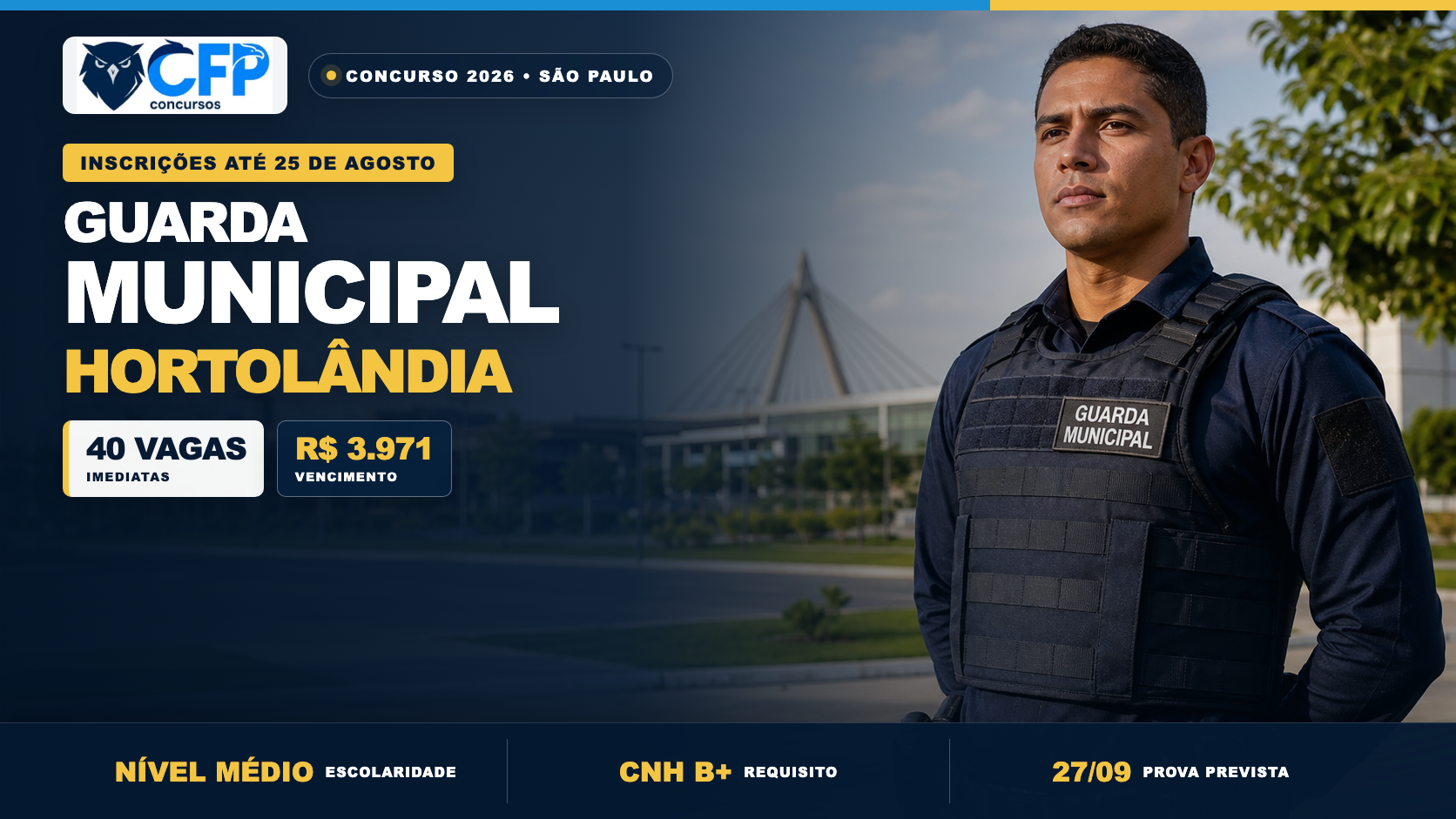 Concurso Guarda Municipal de Hortolândia 2026: 40 vagas; salário de R$ 3,9 mil