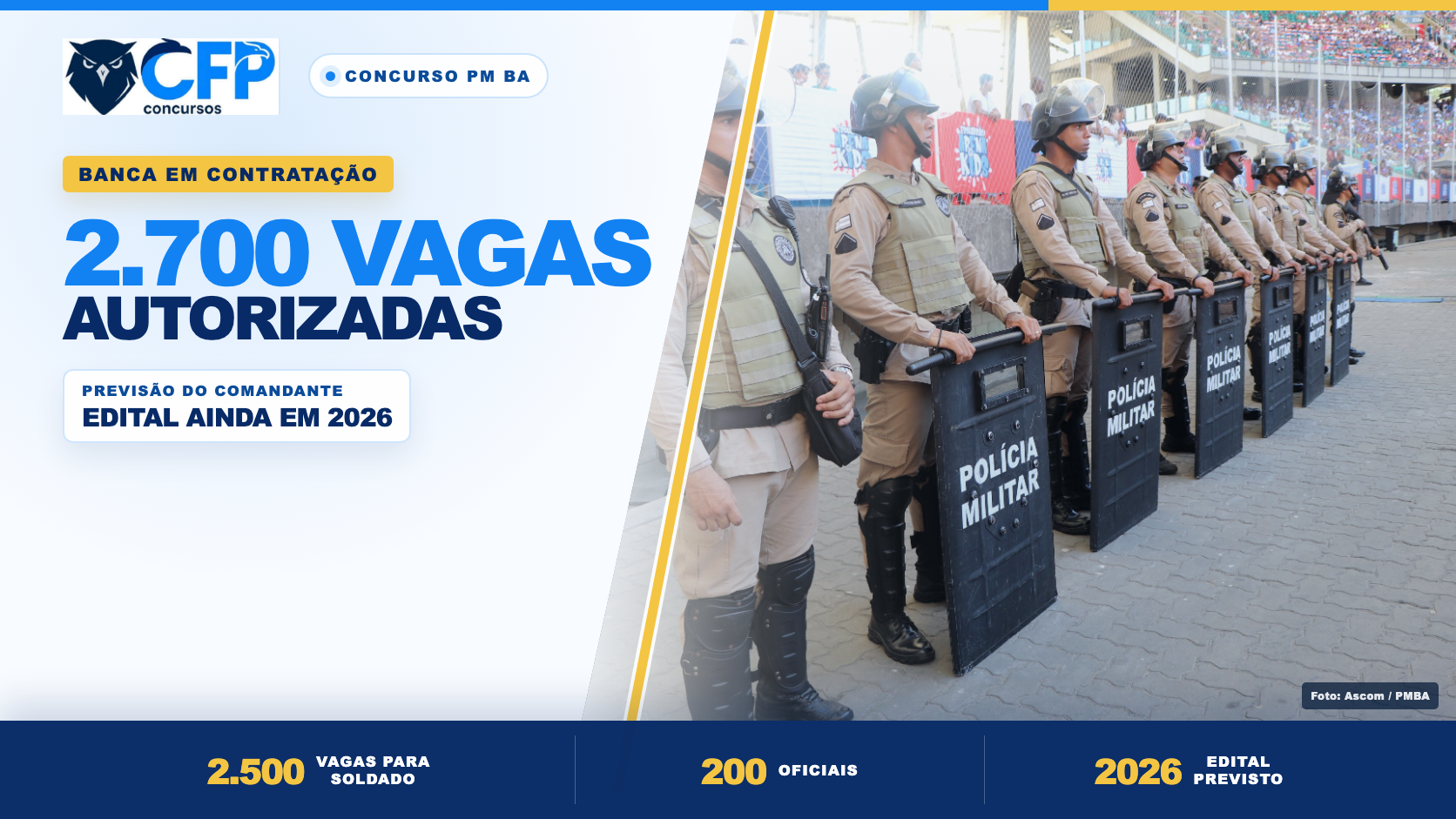 Concurso PM BA 2026: banca em contratação; 2.700 vagas estão autorizadas