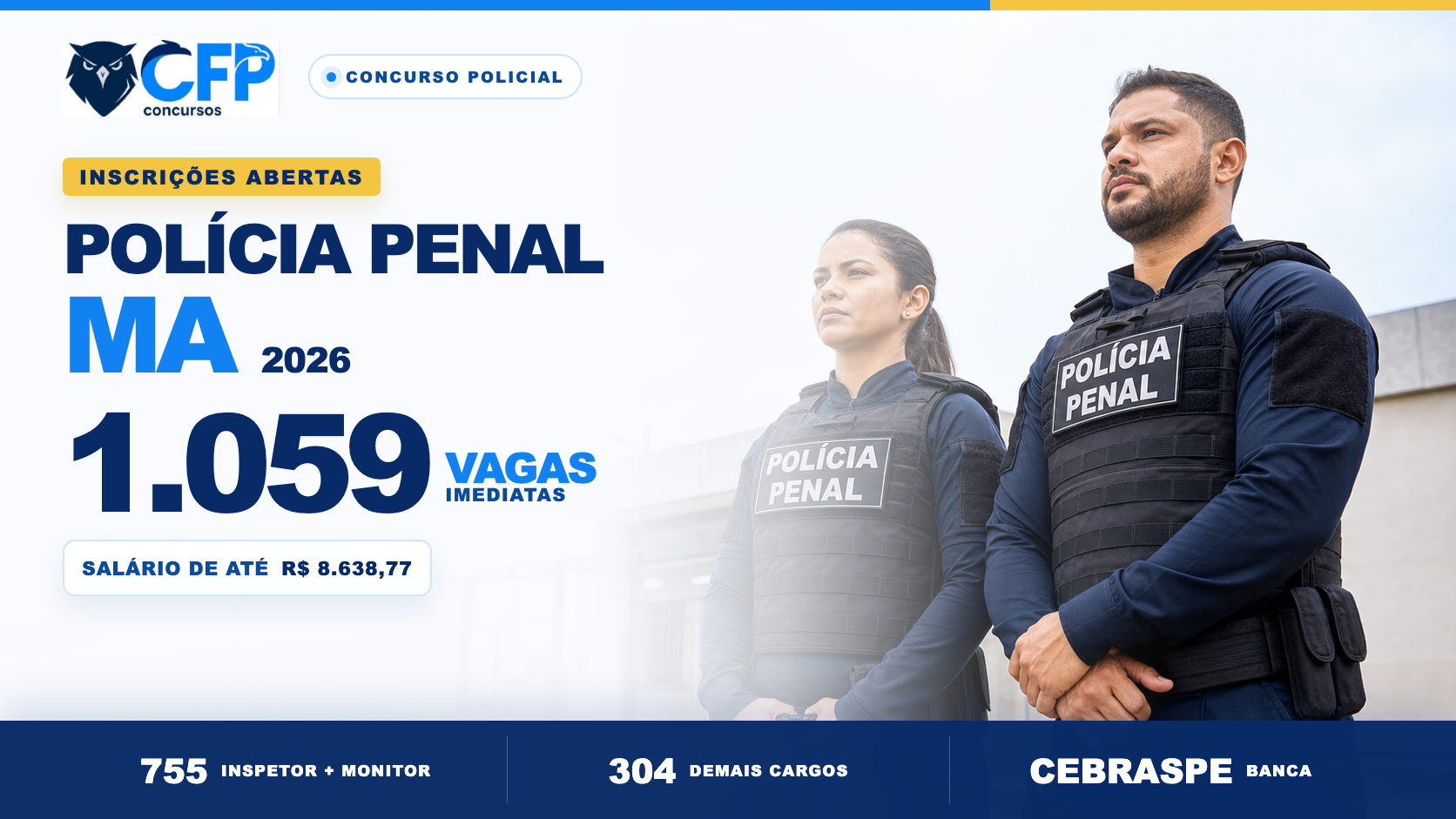 Concurso Polícia Penal MA 2026: inscrições abertas para 1.059 vagas; salário até R$ 8,6 mil