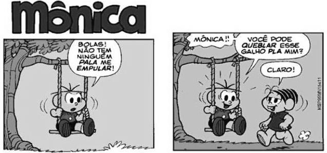 Tirinha de Mônica e Cebolinha no balanço — primeira parte