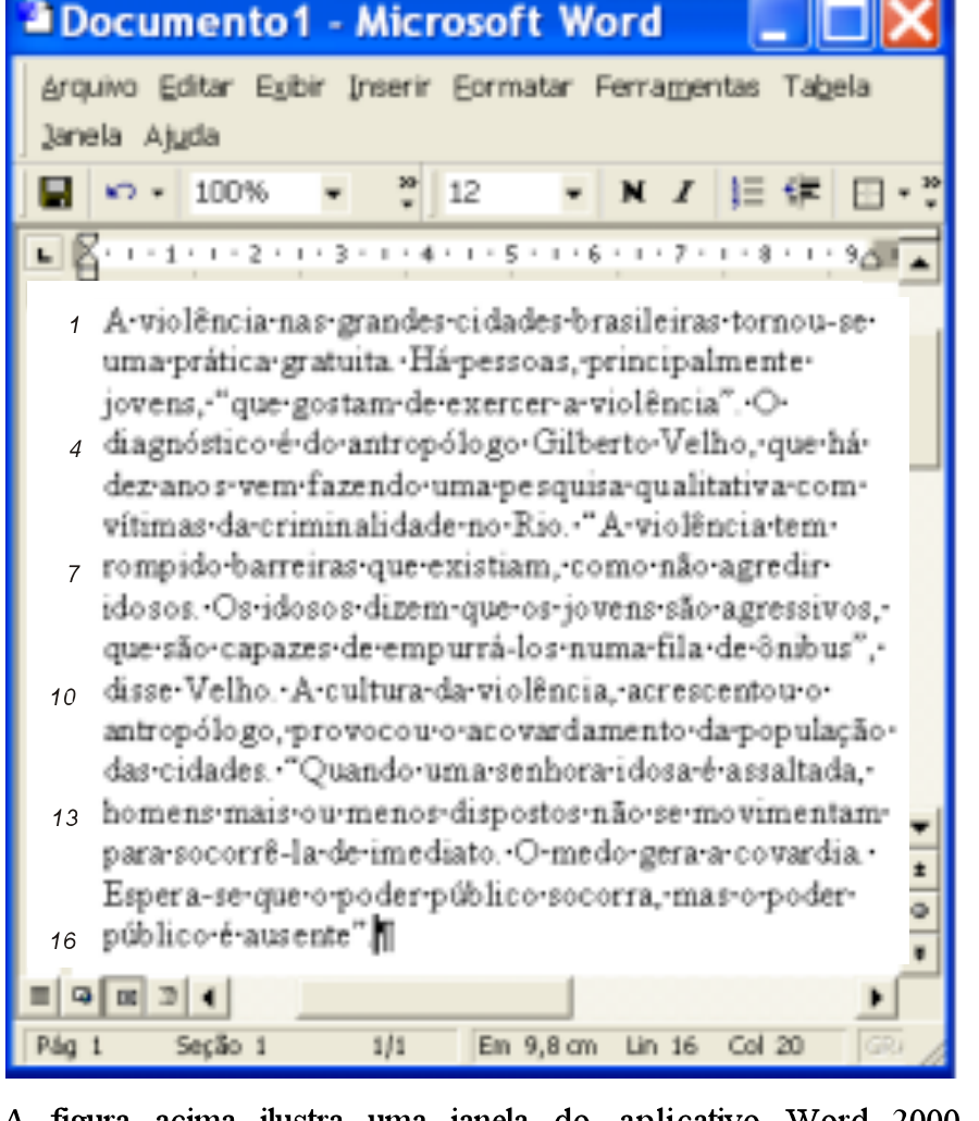 Janela do Microsoft Word 2000 com texto sobre violência nas grandes cidades brasileiras