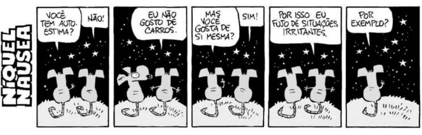 Tirinha do Níquel Náusea em cinco quadrinhos, com dois personagens num gramado sob céu estrelado. 1º: “VOCÊ TEM AUTOESTIMA?” — “NÃO!”. 2º: “EU NÃO GOSTO DE CARROS.”. 3º: “MAS VOCÊ GOSTA DE SI MESMA?” — “SIM!”. 4º: “POR ISSO EU FUJO DE SITUAÇÕES IRRITANTES.”. 5º: “POR EXEMPLO?”, e o interlocutor já saiu de cena.