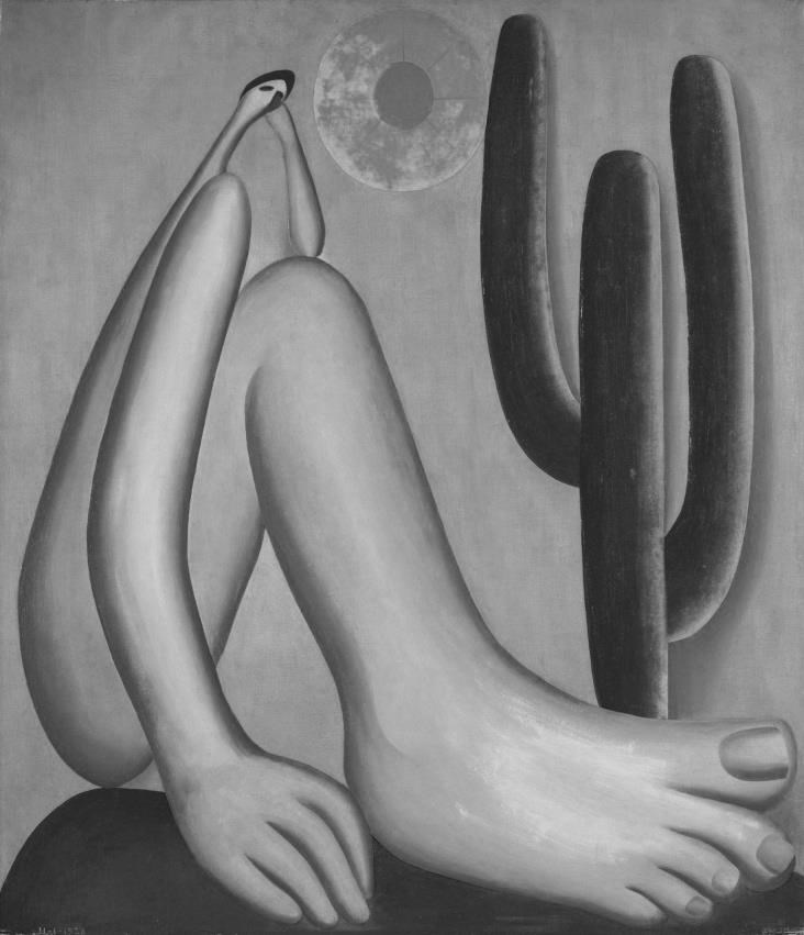 Pintura: figura humana sentada, com um pé desproporcionalmente grande em primeiro plano, cabeça pequena apoiada na mão, ao lado de um cacto e de um sol circular