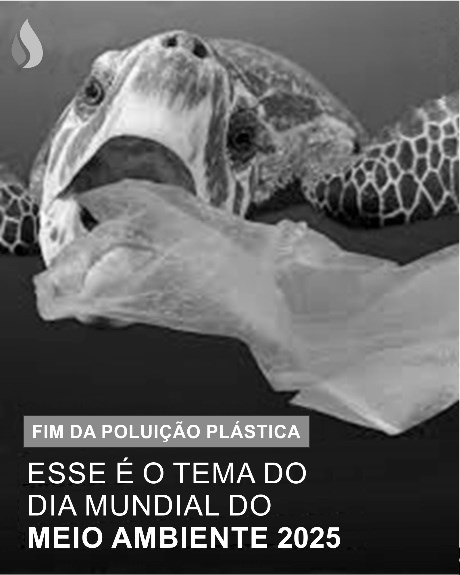 Cartaz em preto e branco: tartaruga marinha mordendo um saco plástico, com os dizeres FIM DA POLUIÇÃO PLÁSTICA e ESSE É O TEMA DO DIA MUNDIAL DO MEIO AMBIENTE 2025