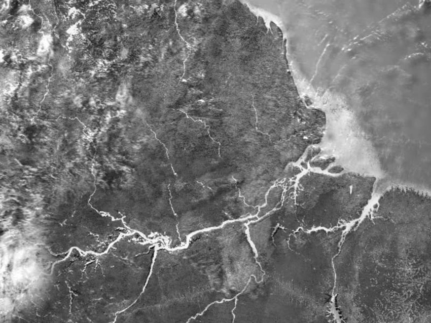 Imagem de satelite em tons de cinza da foz do rio Amazonas, com a rede de drenagem clara sobre a floresta escura e o oceano a direita