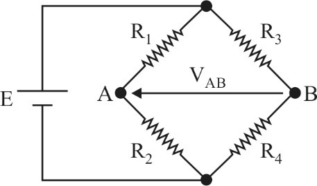 Ponte de Wheatstone com fonte E, resistores R1, R2, R3 e R4 e tensao VAB entre os pontos A e B