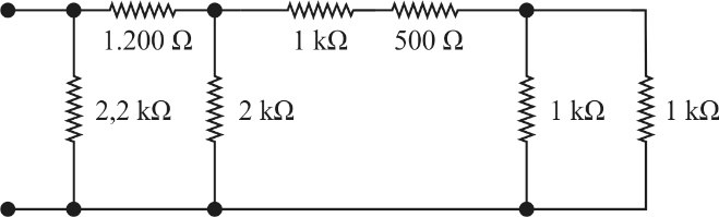 Circuito com resistores de 1.200 ohms, 1 kohm e 500 ohms em serie e ramos de 2,2 kohms, 2 kohms, 1 kohm e 1 kohm em paralelo