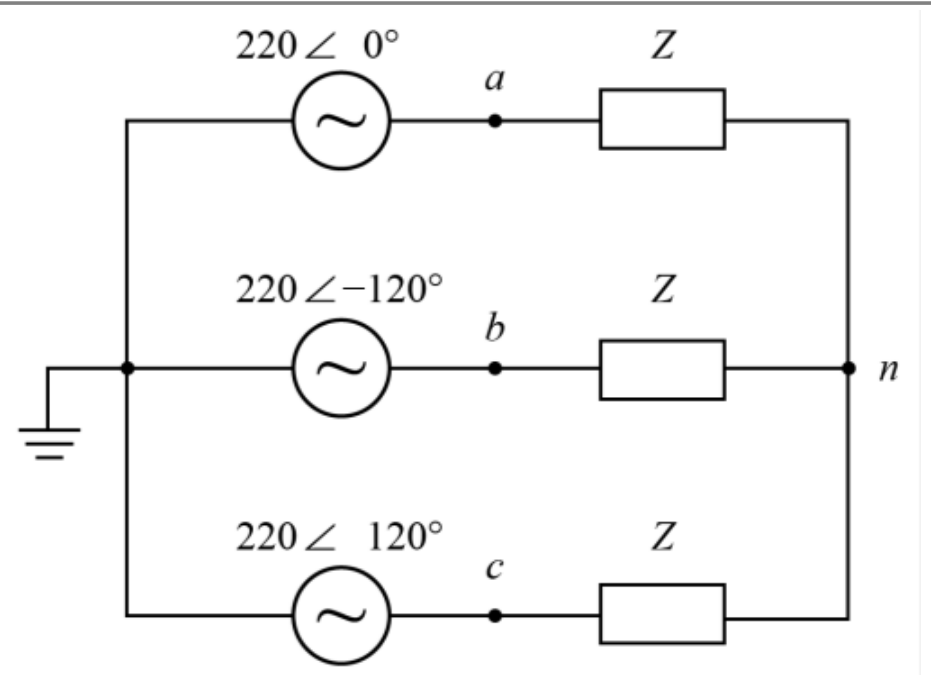 Circuito trifasico com tres fontes de 220 V defasadas de 0, -120 e 120 graus, cargas Z nas fases a, b e c e ponto n
