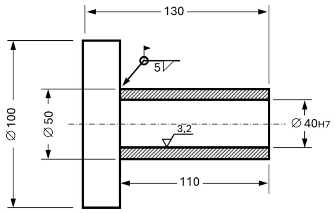 Prancha de desenho tecnico em corte de um flange soldado a um tubo, com cotas 130 e 110, diametros 100, 50 e 40H7, simbolo de solda 5 e rugosidade 3,2