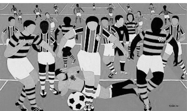 Pintura de Djanira retratando partida de futebol entre Flamengo e Fluminense, com jogadores de traçado simples e figuras planas disputando a bola