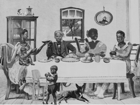 Colagem de Gê Viana sobre gravura do século XIX: família negra reunida à mesa de jantar farta em ambiente doméstico, com crianças e um cachorro sob a mesa