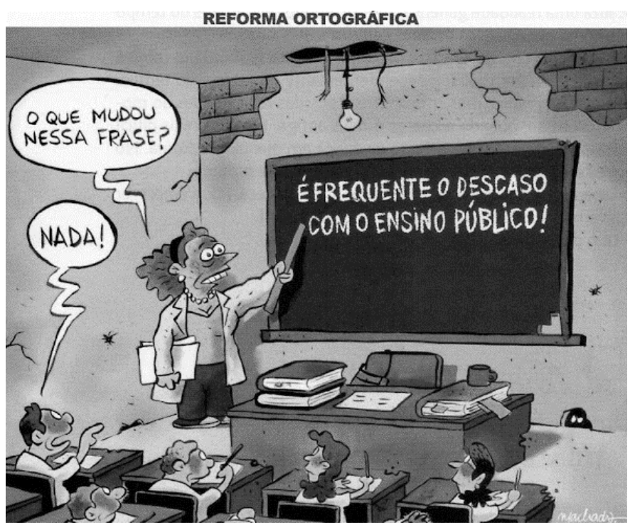 Charge intitulada Reforma ortográfica: em uma sala de aula degradada, a professora aponta para a frase escrita no quadro e pergunta o que mudou; um aluno responde nada