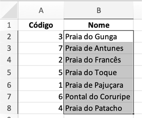 Planilha do Excel com colunas Código e Nome
