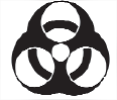 Símbolo internacional de risco biológico (biohazard): três meias-luas pretas dispostas em volta de um círculo central, sobre fundo branco.