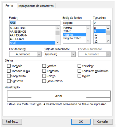 Janela de configurações de fonte do Word 2007