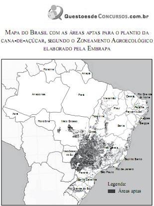 Mapa do Brasil com áreas aptas para o plantio da cana-de-açúcar segundo a Embrapa