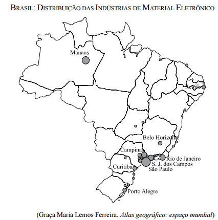 Mapa distribuição das indústrias de material eletrônico