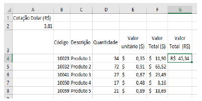 Imagem da planilha Excel da questão