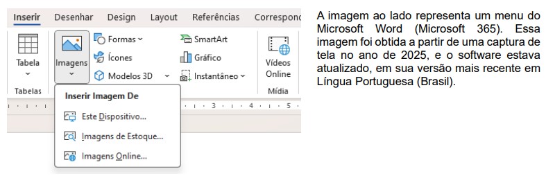 Menu do Microsoft Word com opções de inserir formas, imagens, ícones, etc.