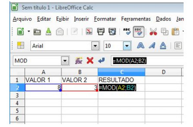 Planilha LibreOffice Calc - MOD(A2;B2)
