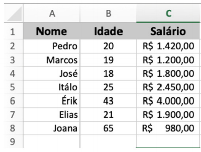 Planilha Excel com nome, idade e salário