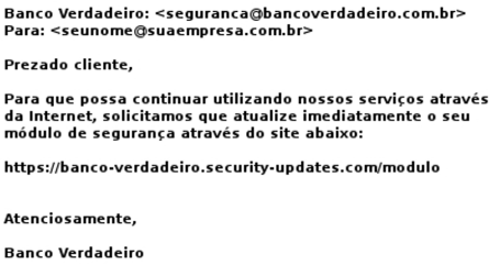 Exemplo de e-mail suspeito solicitando atualização de módulo de segurança bancária