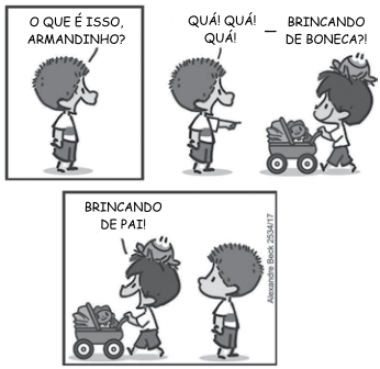 Tira Armandinho brincando de boneca