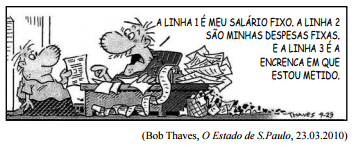 Tira de quadrinhos sobre salário, despesas e encrenca