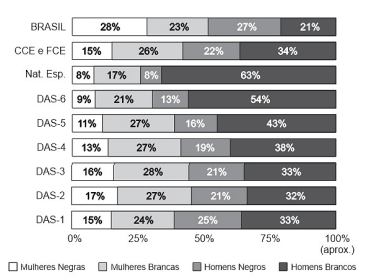 Gráfico desigualdade de gênero e raça nos cargos de liderança do Executivo Federal brasileiro