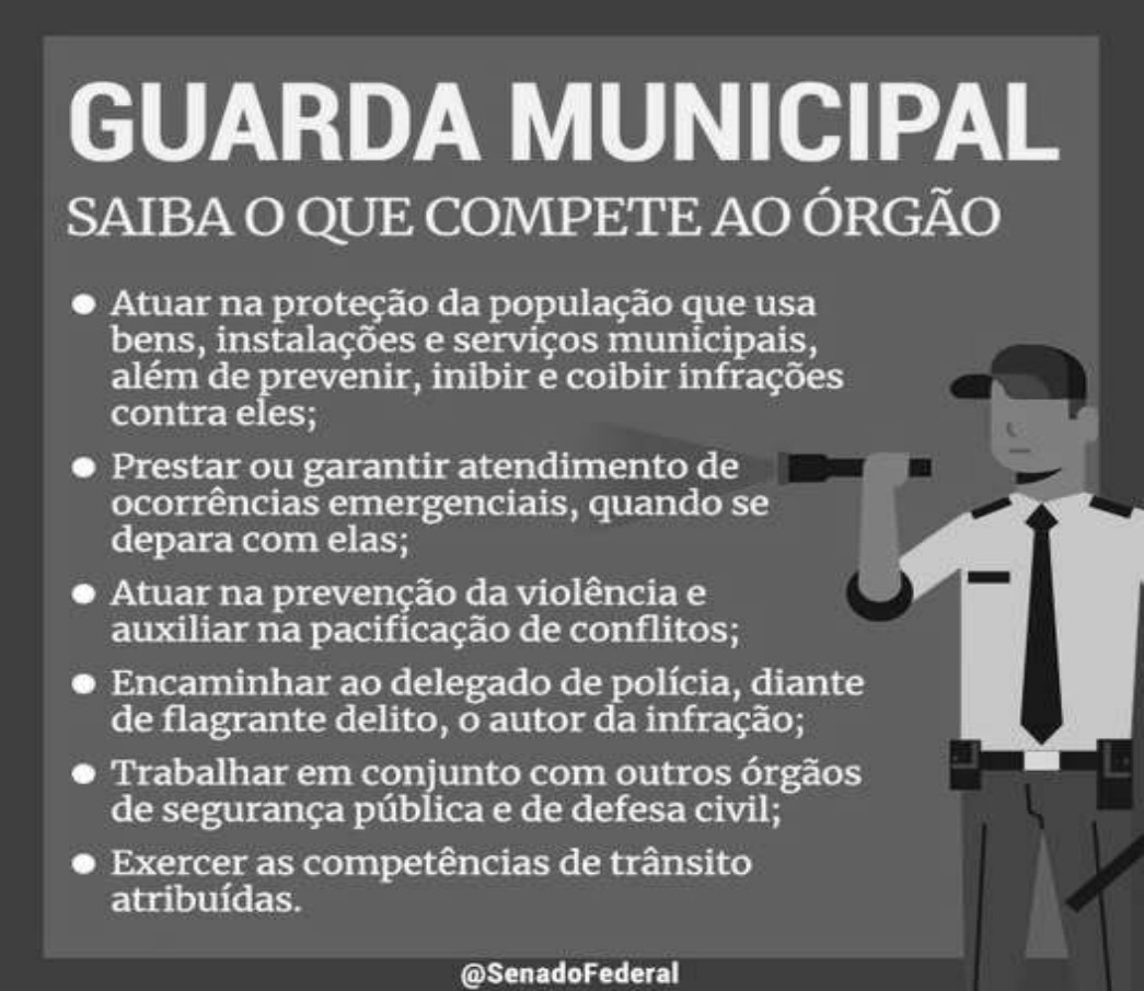 Cartaz do Senado Federal — GUARDA MUNICIPAL: SAIBA O QUE COMPETE AO ÓRGÃO, com a ilustração de um guarda municipal segurando uma lanterna